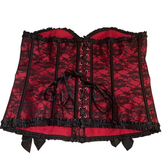 Corset Bustier Red & Black Lace Ruffle Trim Bow Accents Hook Front Closure Sz 6X - Picture 2 of 11